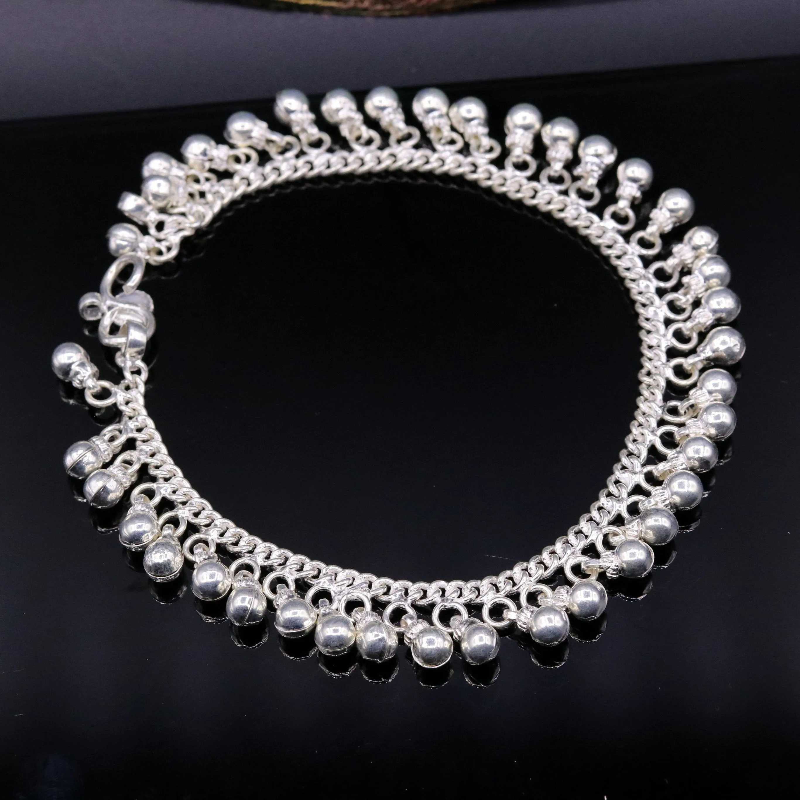 Vintage  antique style sterling silver handmade solid chain ankle bracelet with amazing noisy jingle bells belly genuine jewelry ank12