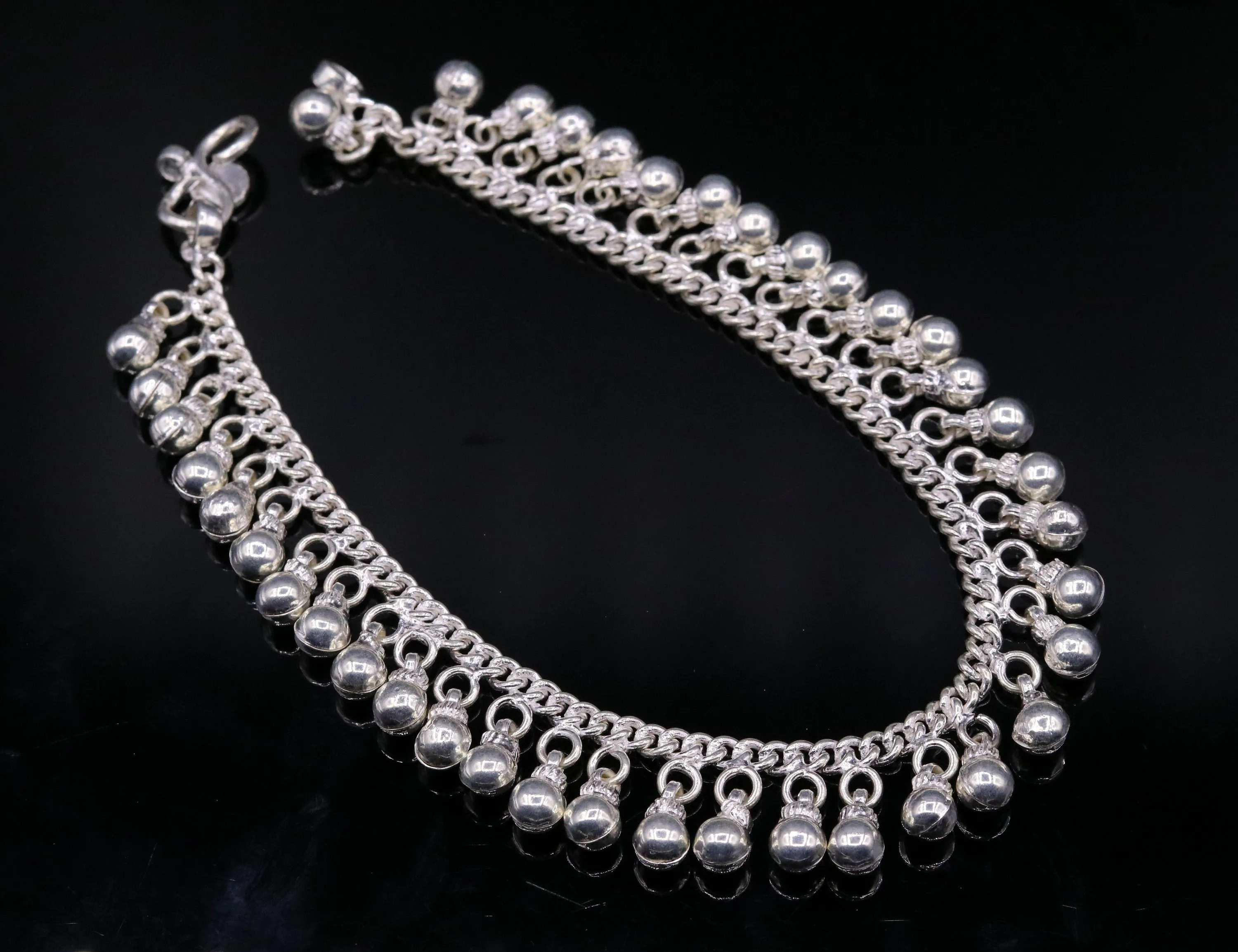 Vintage  antique style sterling silver handmade solid chain ankle bracelet with amazing noisy jingle bells belly genuine jewelry ank12
