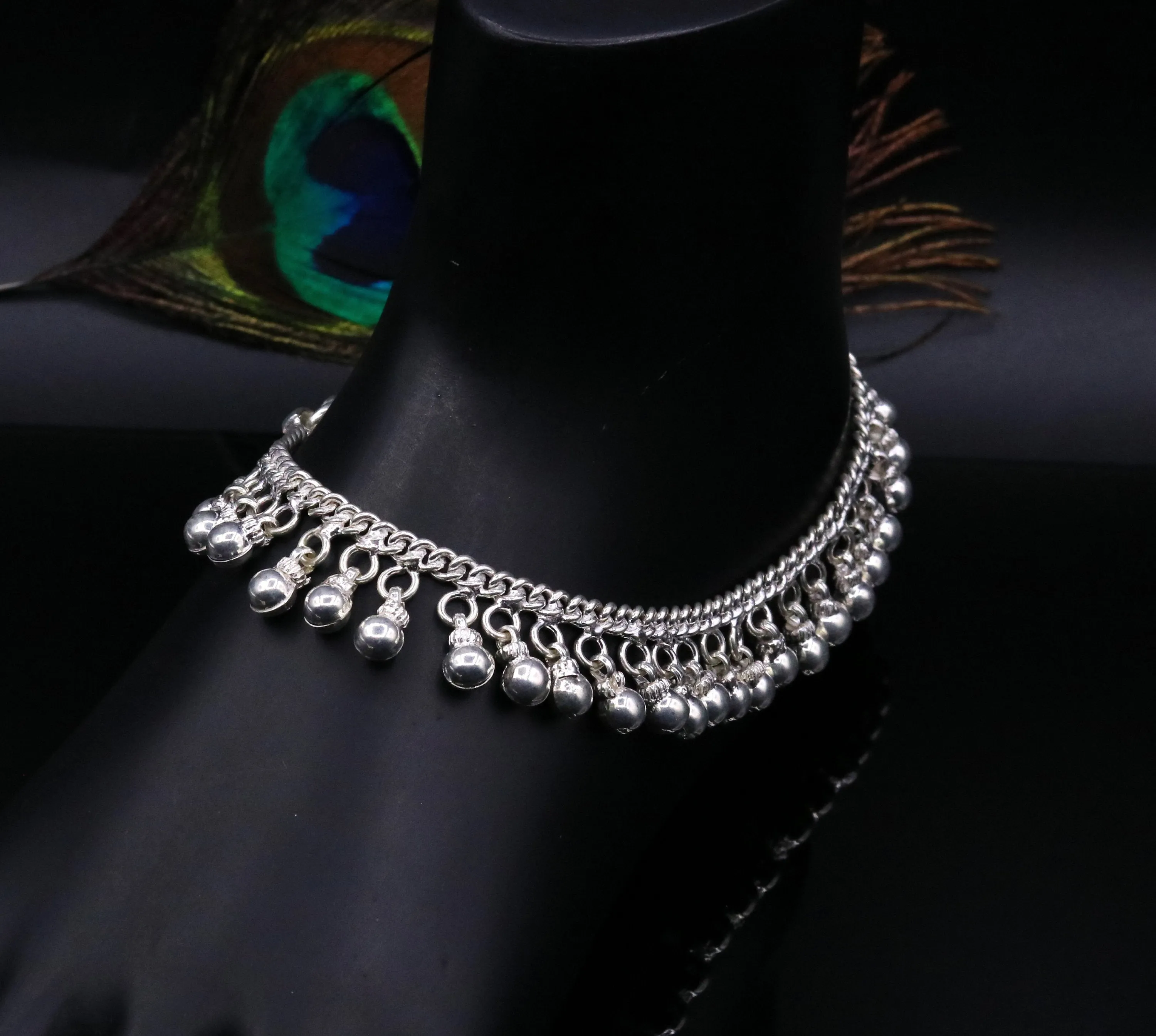 Vintage  antique style sterling silver handmade solid chain ankle bracelet with amazing noisy jingle bells belly genuine jewelry ank12