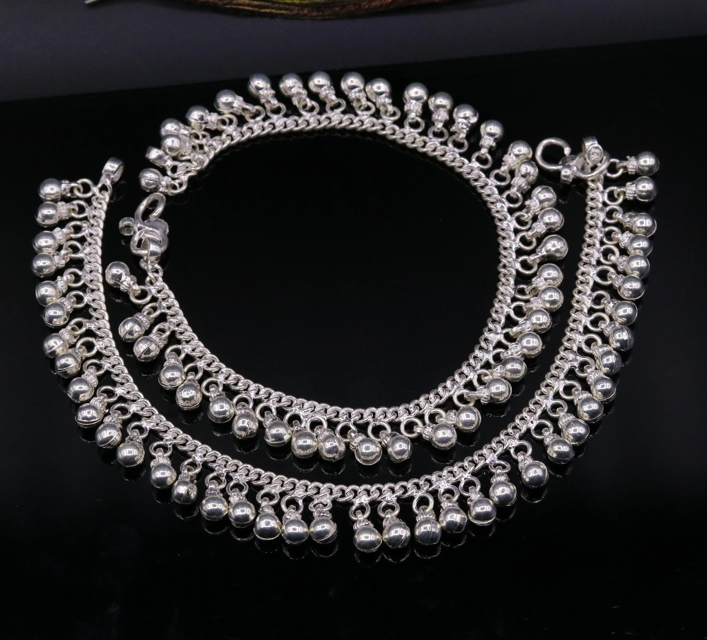 Vintage  antique style sterling silver handmade solid chain ankle bracelet with amazing noisy jingle bells belly genuine jewelry ank12