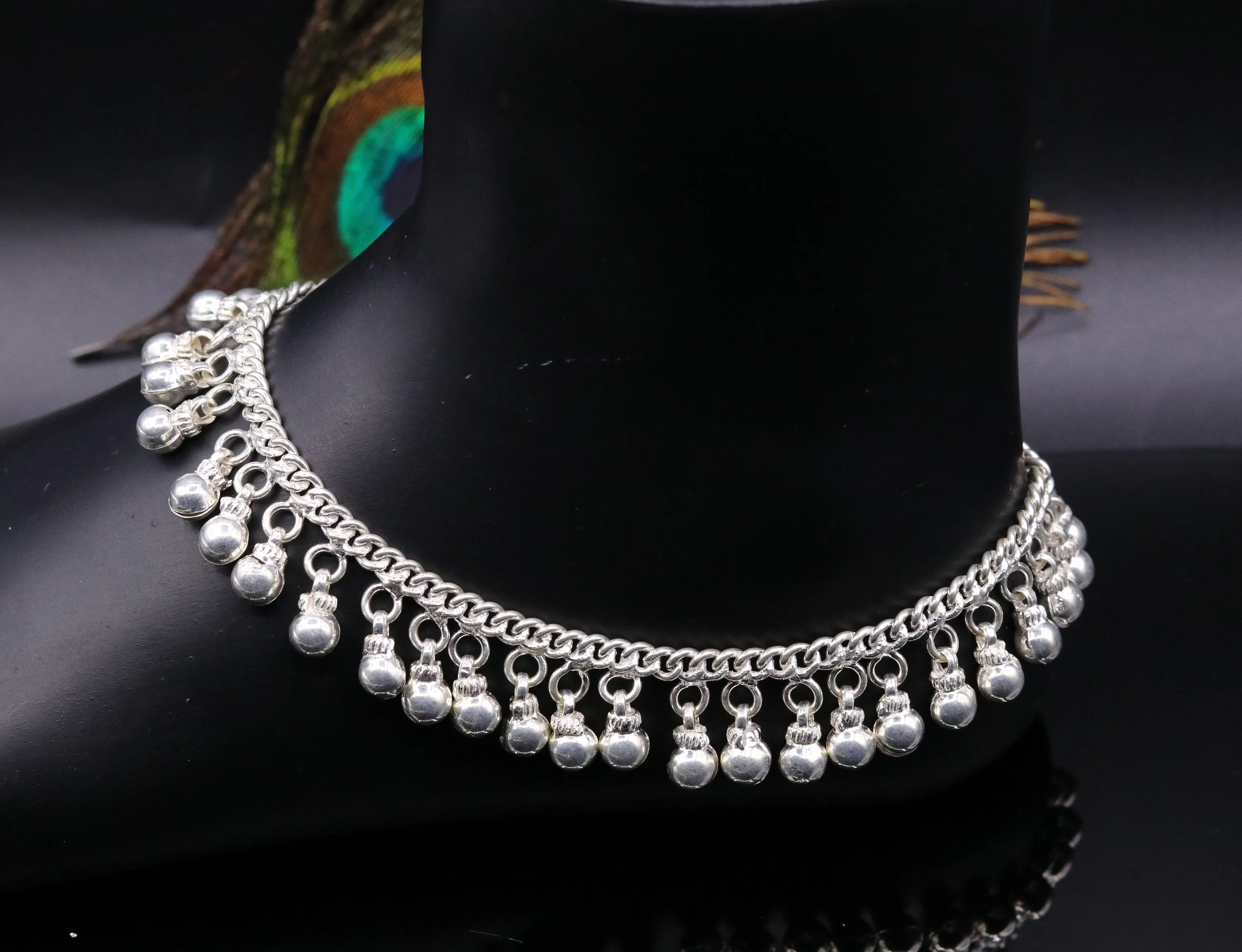 Vintage  antique style sterling silver handmade solid chain ankle bracelet with amazing noisy jingle bells belly genuine jewelry ank12