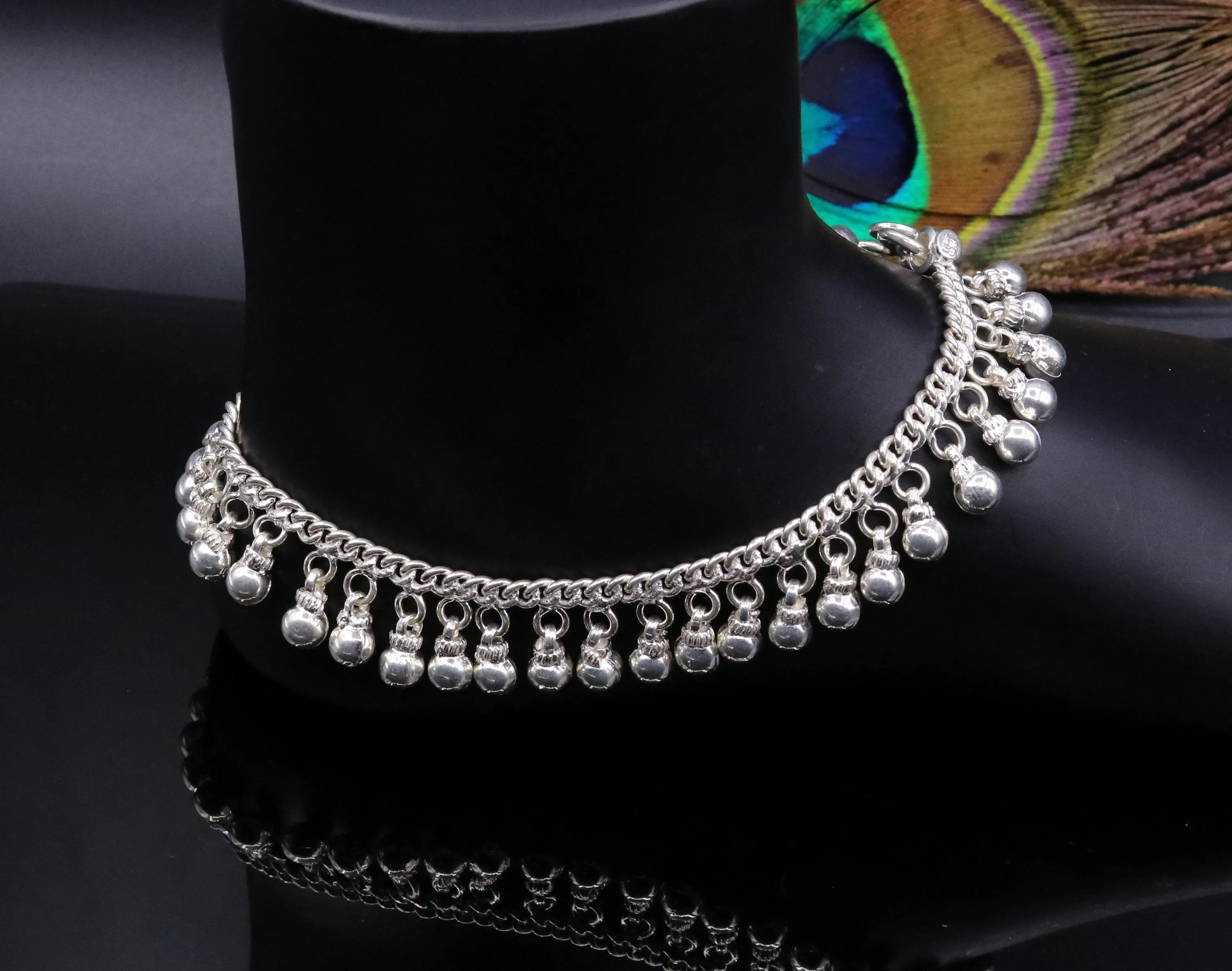 Vintage  antique style sterling silver handmade solid chain ankle bracelet with amazing noisy jingle bells belly genuine jewelry ank12