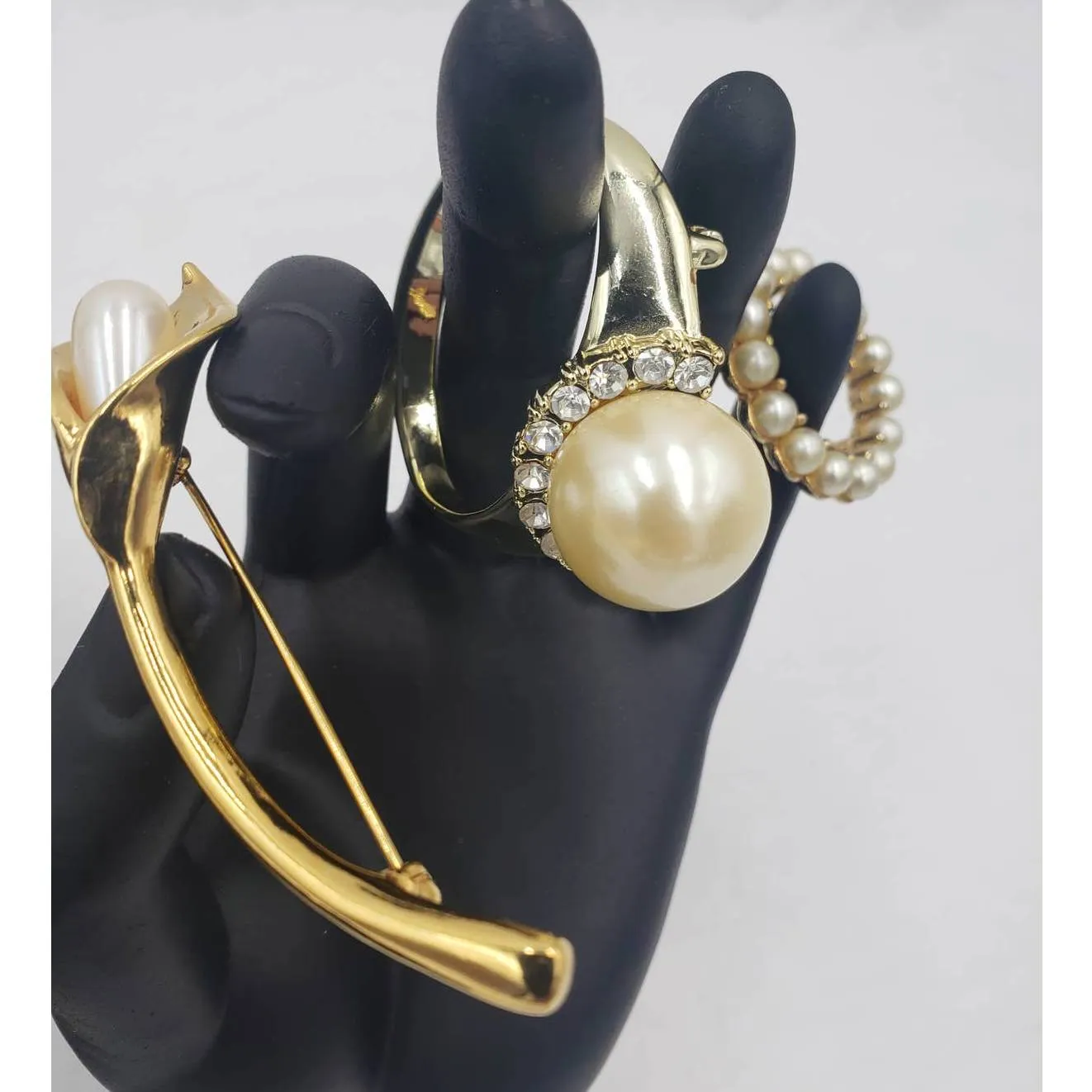 Vintage Brooch Lot Faux Pearl Pendant, AJC Ring, Leaf, Circle, Calla Lily Flower