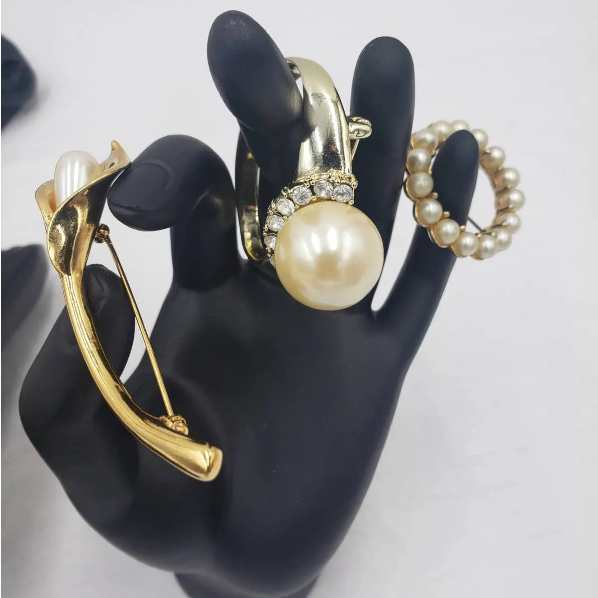 Vintage Brooch Lot Faux Pearl Pendant, AJC Ring, Leaf, Circle, Calla Lily Flower