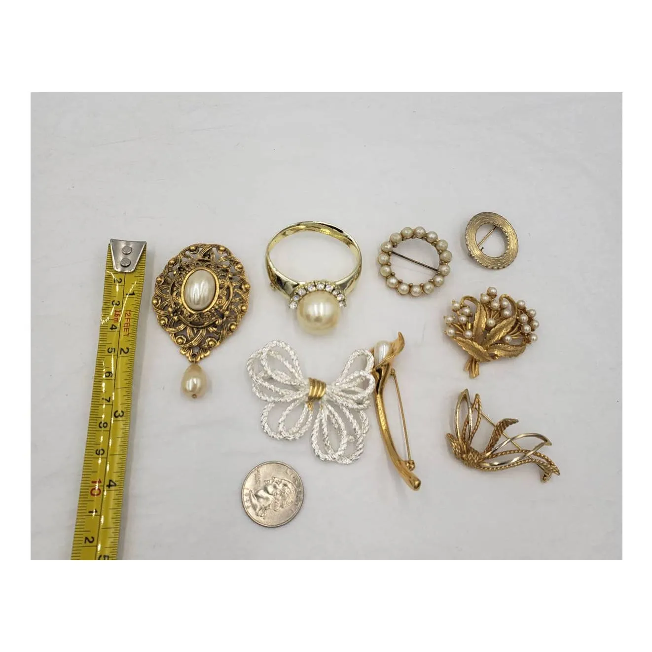 Vintage Brooch Lot Faux Pearl Pendant, AJC Ring, Leaf, Circle, Calla Lily Flower