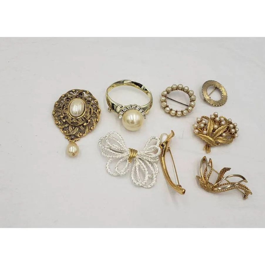Vintage Brooch Lot Faux Pearl Pendant, AJC Ring, Leaf, Circle, Calla Lily Flower