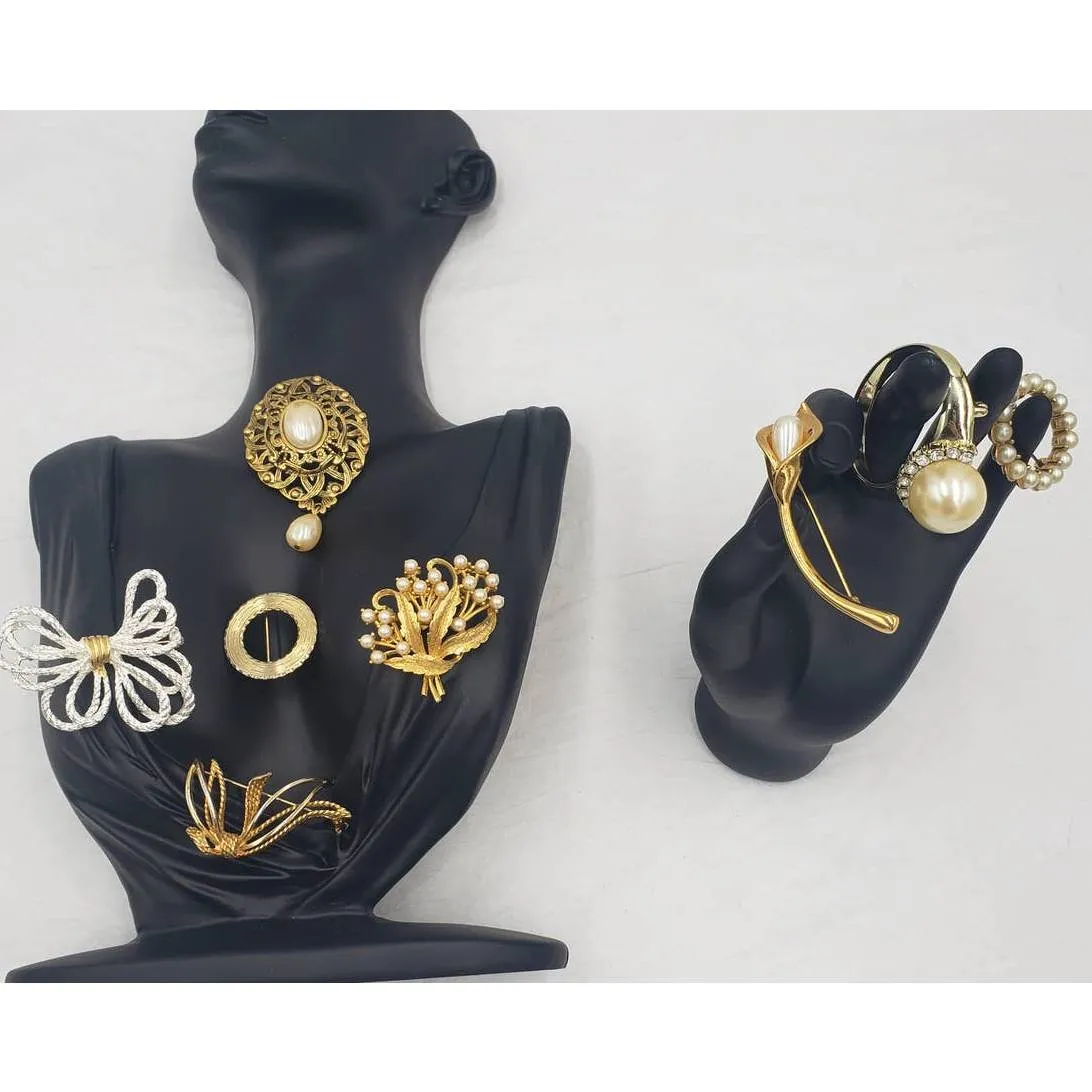 Vintage Brooch Lot Faux Pearl Pendant, AJC Ring, Leaf, Circle, Calla Lily Flower