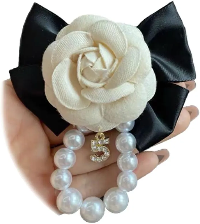 Vintage Camellia Bow Tie Brooch Pins Pearl Chain Tassel Brooch Fabric Rose Flower Bow Hair Clips Lapel Safety Pin Dress Accessory for Women Girls