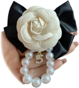 Vintage Camellia Bow Tie Brooch Pins Pearl Chain Tassel Brooch Fabric Rose Flower Bow Hair Clips Lapel Safety Pin Dress Accessory for Women Girls