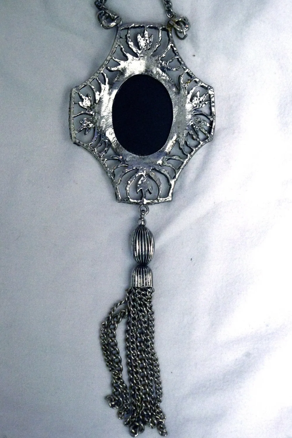 Vintage Chunky Unique Hematite & Silver Tassel Art Deco Pendant Long Lavaliere Necklace