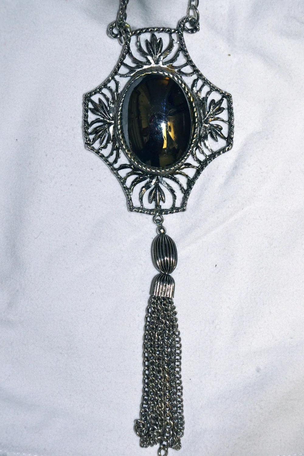 Vintage Chunky Unique Hematite & Silver Tassel Art Deco Pendant Long Lavaliere Necklace