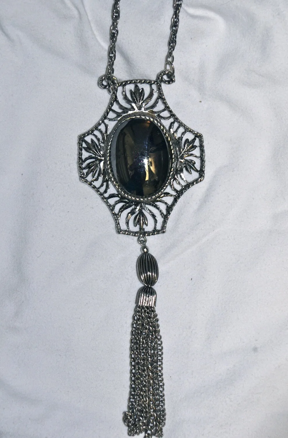 Vintage Chunky Unique Hematite & Silver Tassel Art Deco Pendant Long Lavaliere Necklace