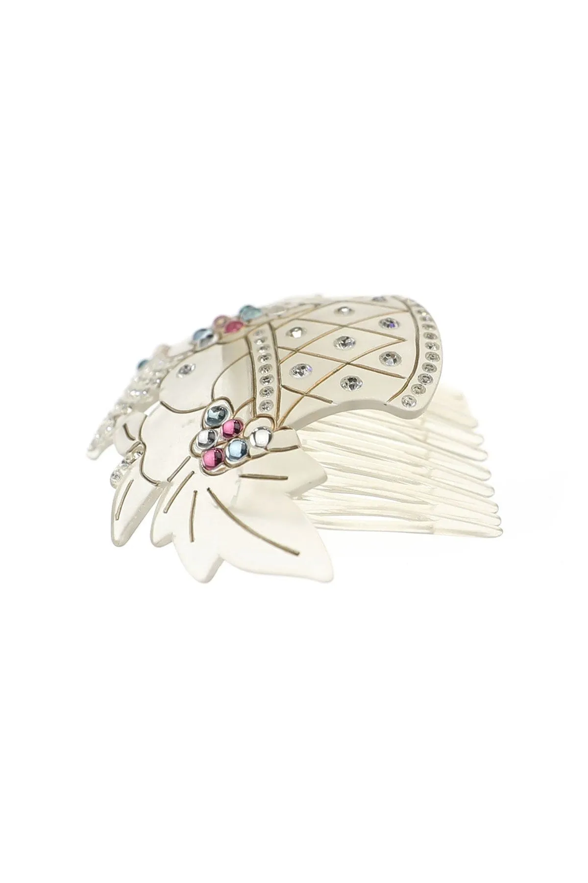 Vintage French Fruit Basket Hair Comb with Crystals, Clear Ice and Black
