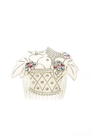 Vintage French Fruit Basket Hair Comb with Crystals, Clear Ice and Black