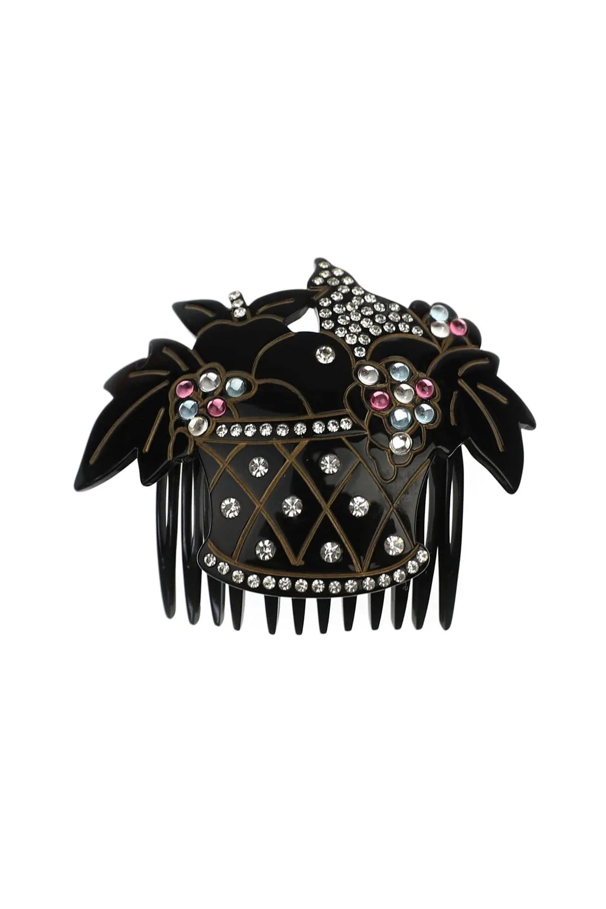 Vintage French Fruit Basket Hair Comb with Crystals, Clear Ice and Black