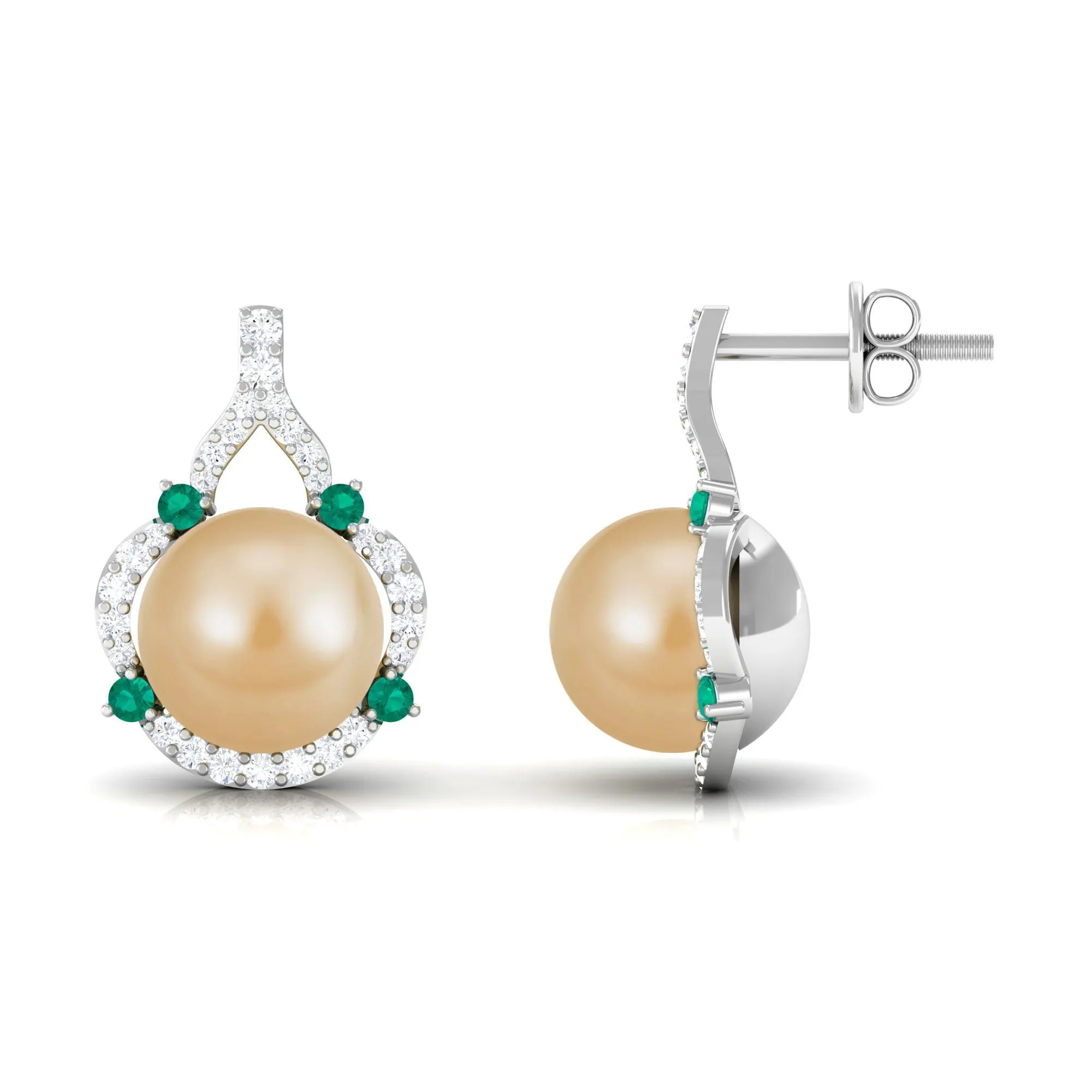 Vintage Golden Pearl Drop Earrings with Emerald and Diamond