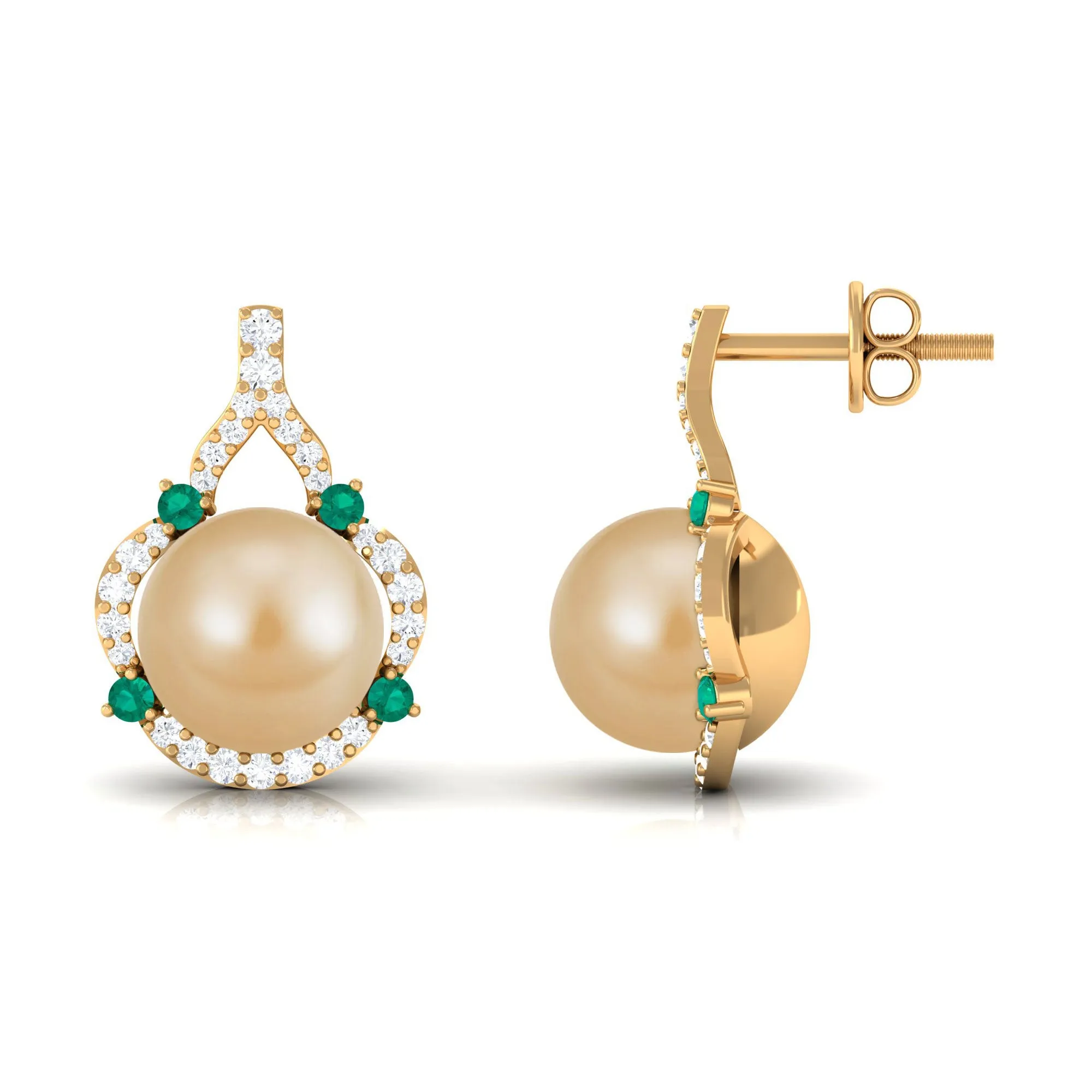 Vintage Golden Pearl Drop Earrings with Emerald and Diamond