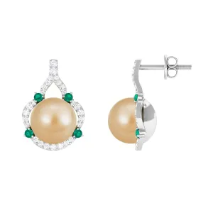 Vintage Golden Pearl Drop Earrings with Emerald and Diamond
