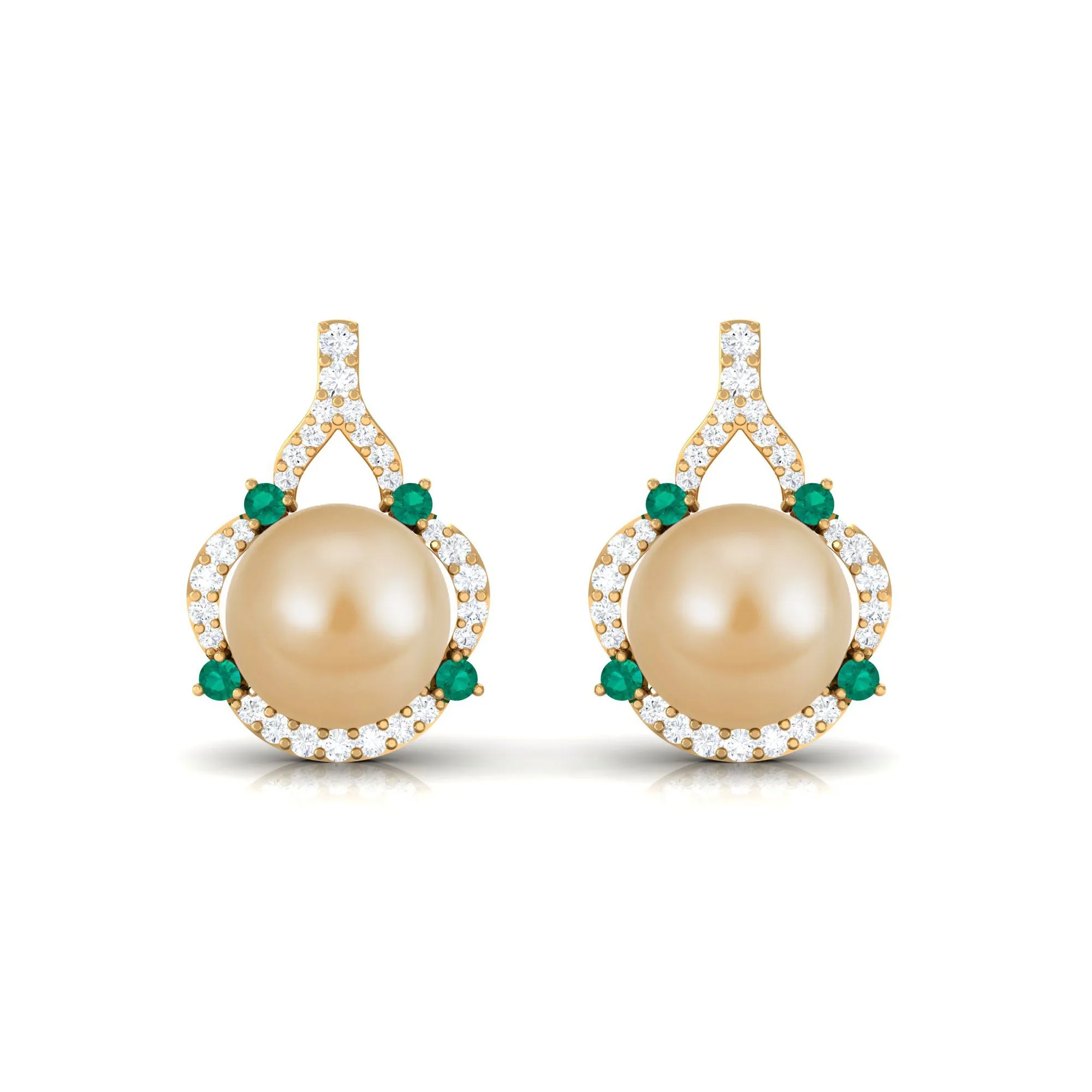 Vintage Golden Pearl Drop Earrings with Emerald and Diamond