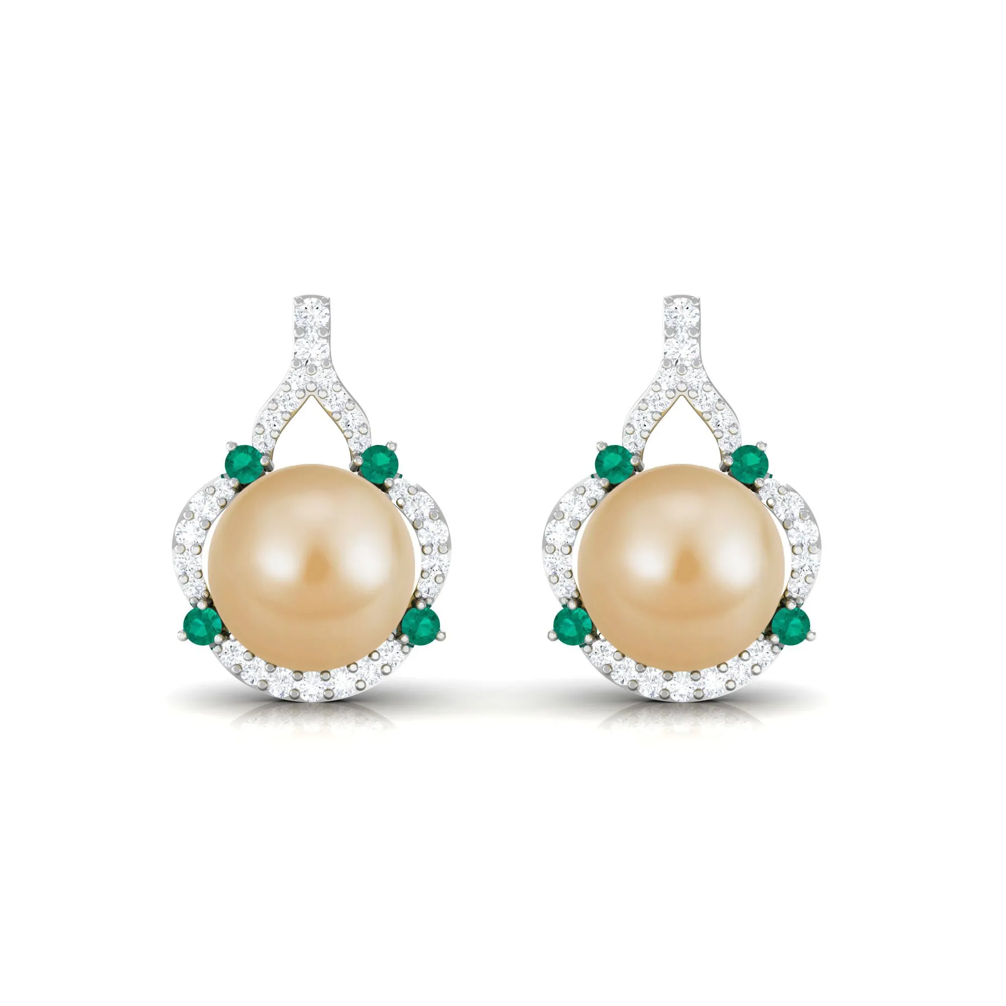 Vintage Golden Pearl Drop Earrings with Emerald and Diamond