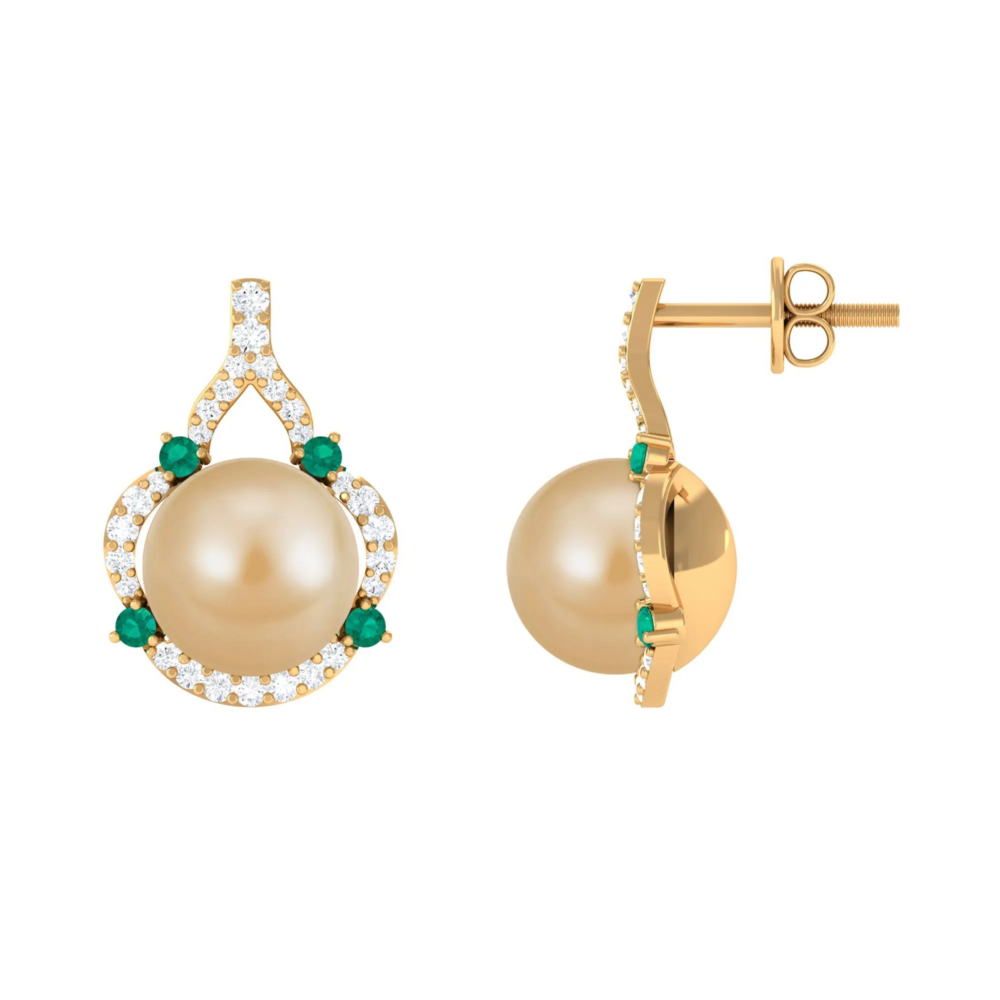 Vintage Golden Pearl Drop Earrings with Emerald and Diamond