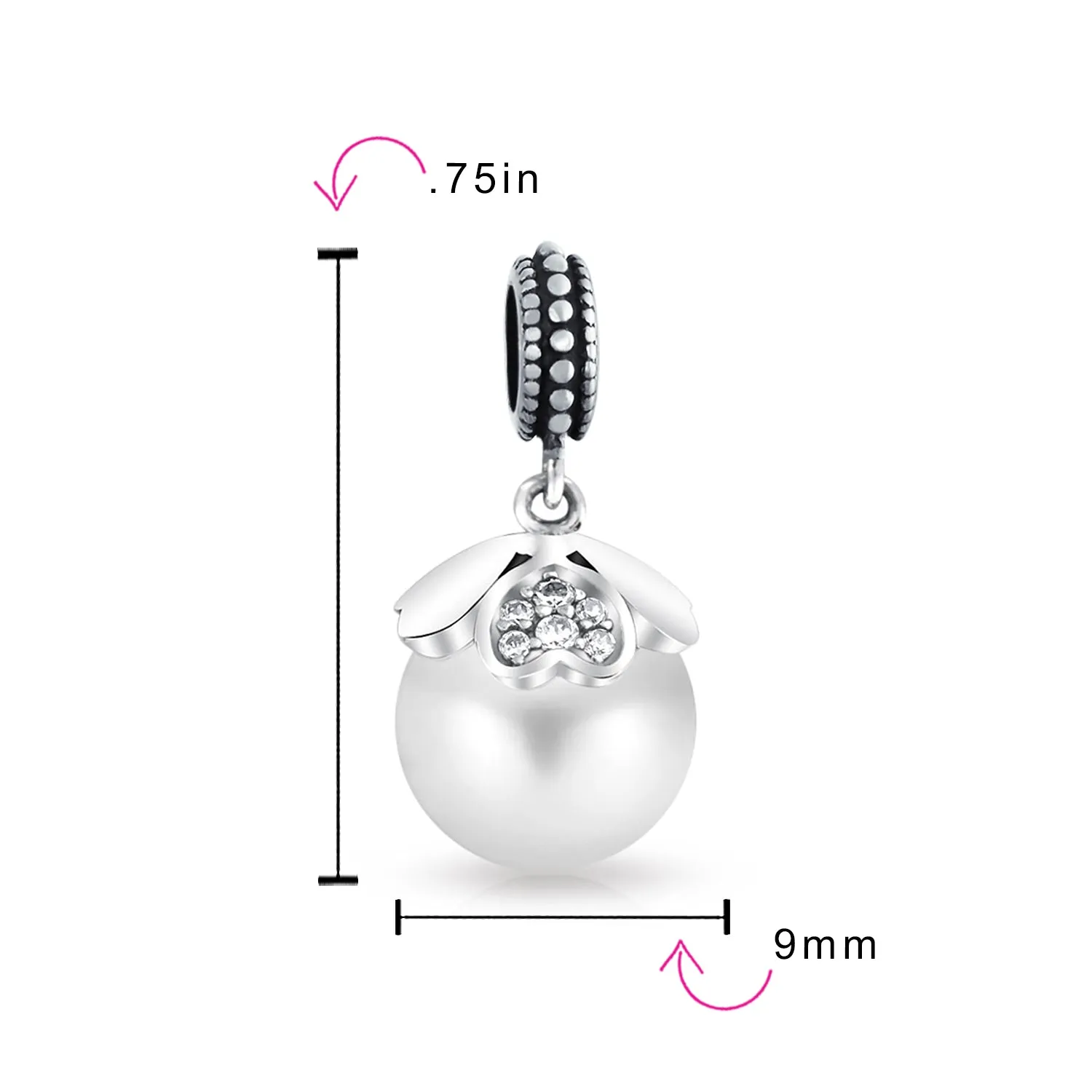 Vintage Heart Cap Pearl Dangle Charm Bead Sterling Silver for European Bracelet