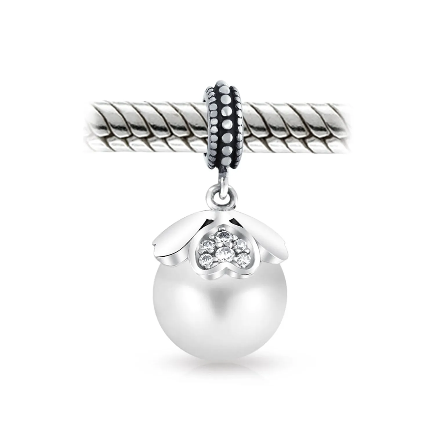 Vintage Heart Cap Pearl Dangle Charm Bead Sterling Silver for European Bracelet