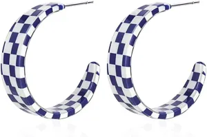 Vintage Minimalist C Shaped Acrylic Dangle Earrings Lightweight Checkerboard Plaid Geometric Hoop Earrings Colorful Chunky Big Earrings Statement Jewelry Gifts for Women