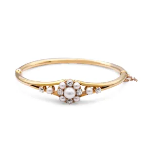 Vintage Old Brilliant Cut Diamond And Pearl Hinged Bangle