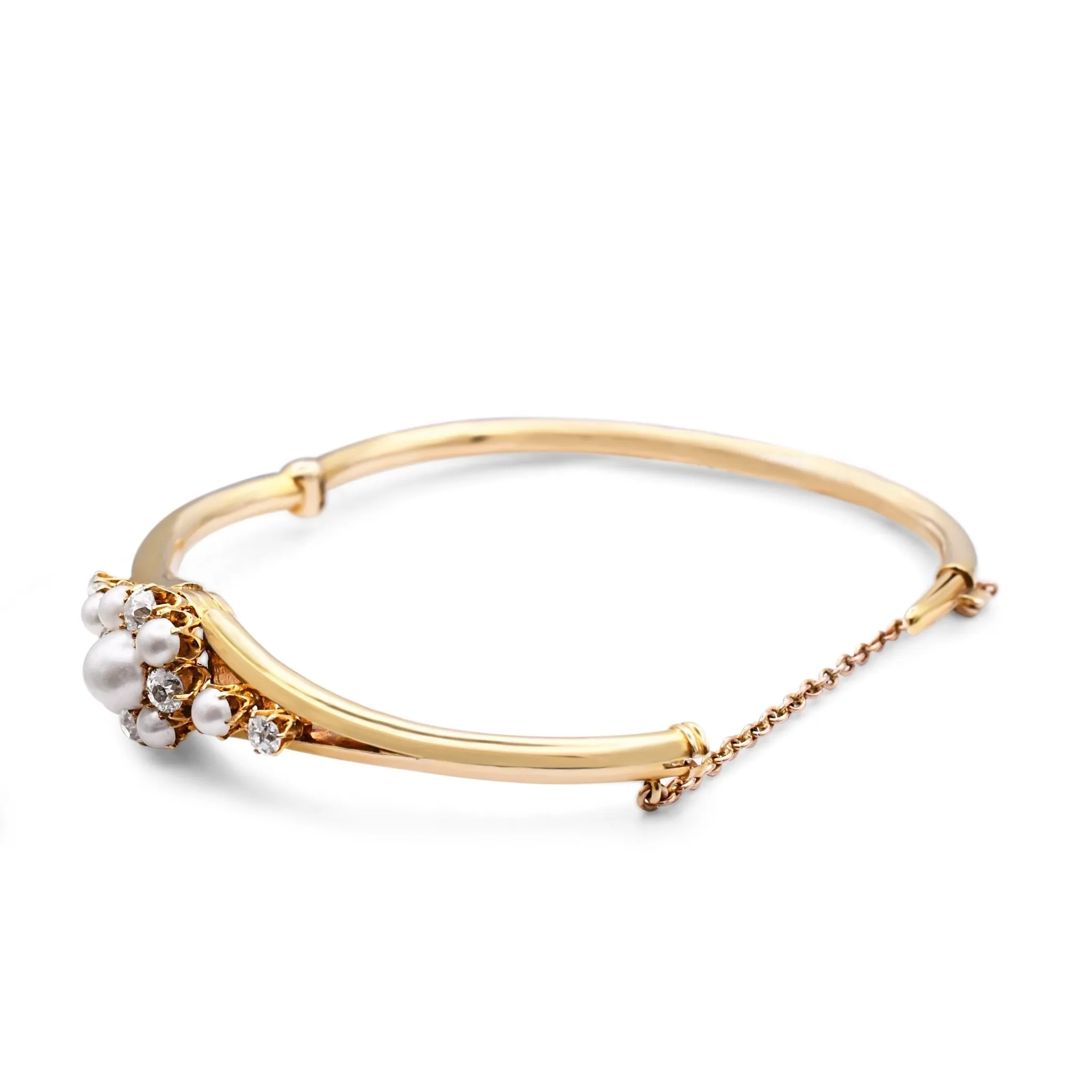 Vintage Old Brilliant Cut Diamond And Pearl Hinged Bangle