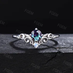Vintage Pattern 5mm Round Color-Change Alexandrite Engagement Ring 10K White Gold Nature Inspired Leaf Branch Vine Moonstone Solitaire Rings