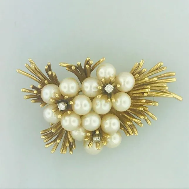 Vintage Pearl & Diamond Flower Brooch