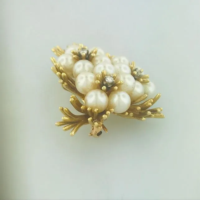 Vintage Pearl & Diamond Flower Brooch