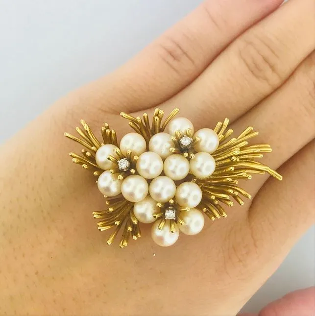 Vintage Pearl & Diamond Flower Brooch