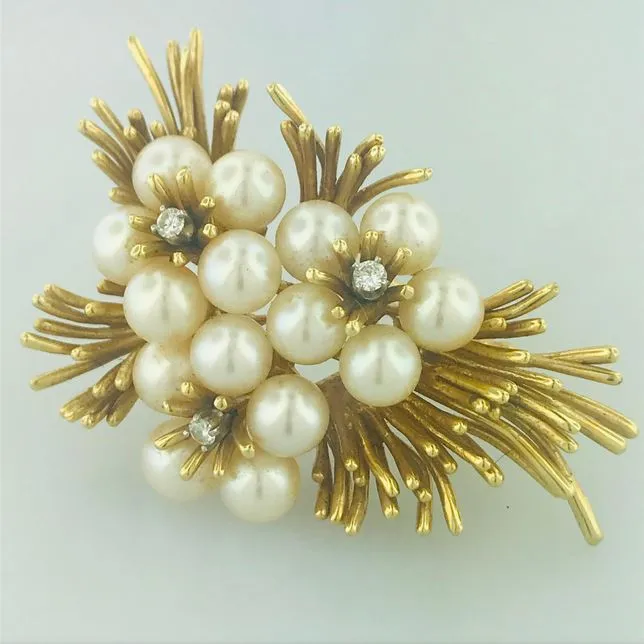 Vintage Pearl & Diamond Flower Brooch