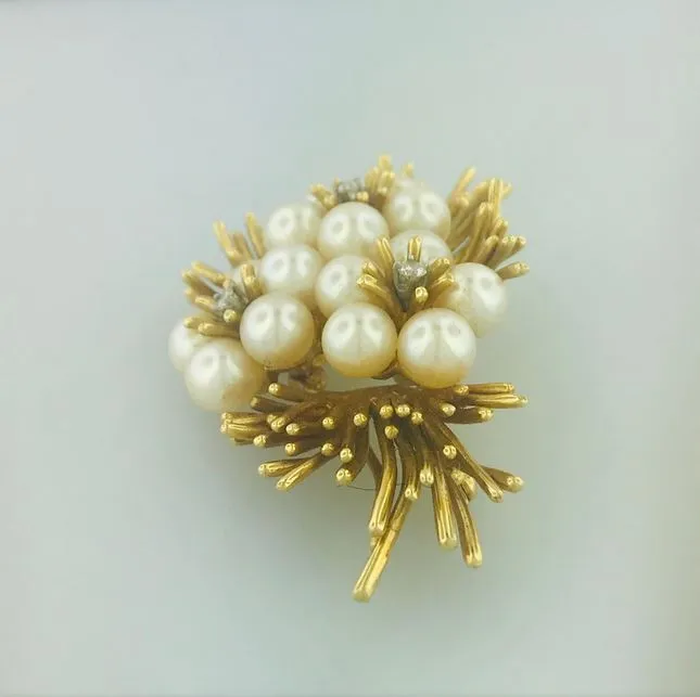 Vintage Pearl & Diamond Flower Brooch