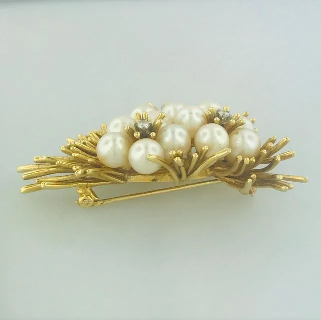 Vintage Pearl & Diamond Flower Brooch