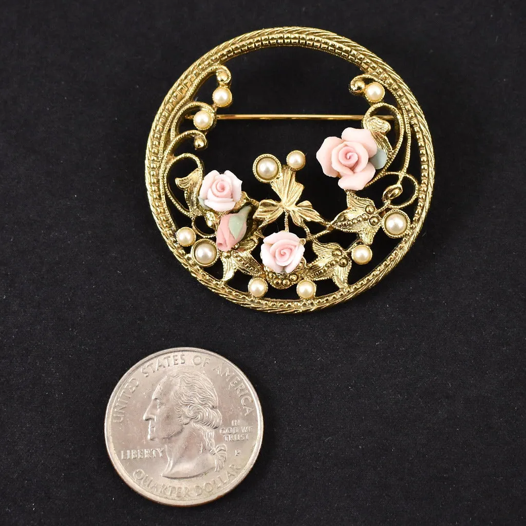Vintage Pearl & Roses Circle Brooch