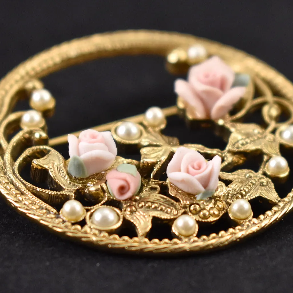 Vintage Pearl & Roses Circle Brooch