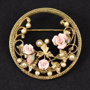 Vintage Pearl & Roses Circle Brooch