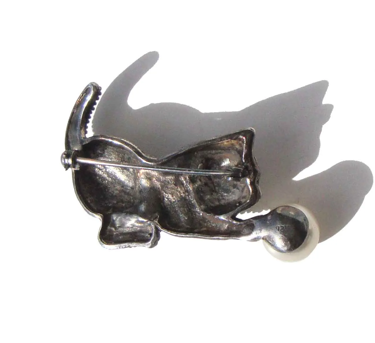 Vintage Sterling Silver Cat & Pearl Brooch Kitten Pin