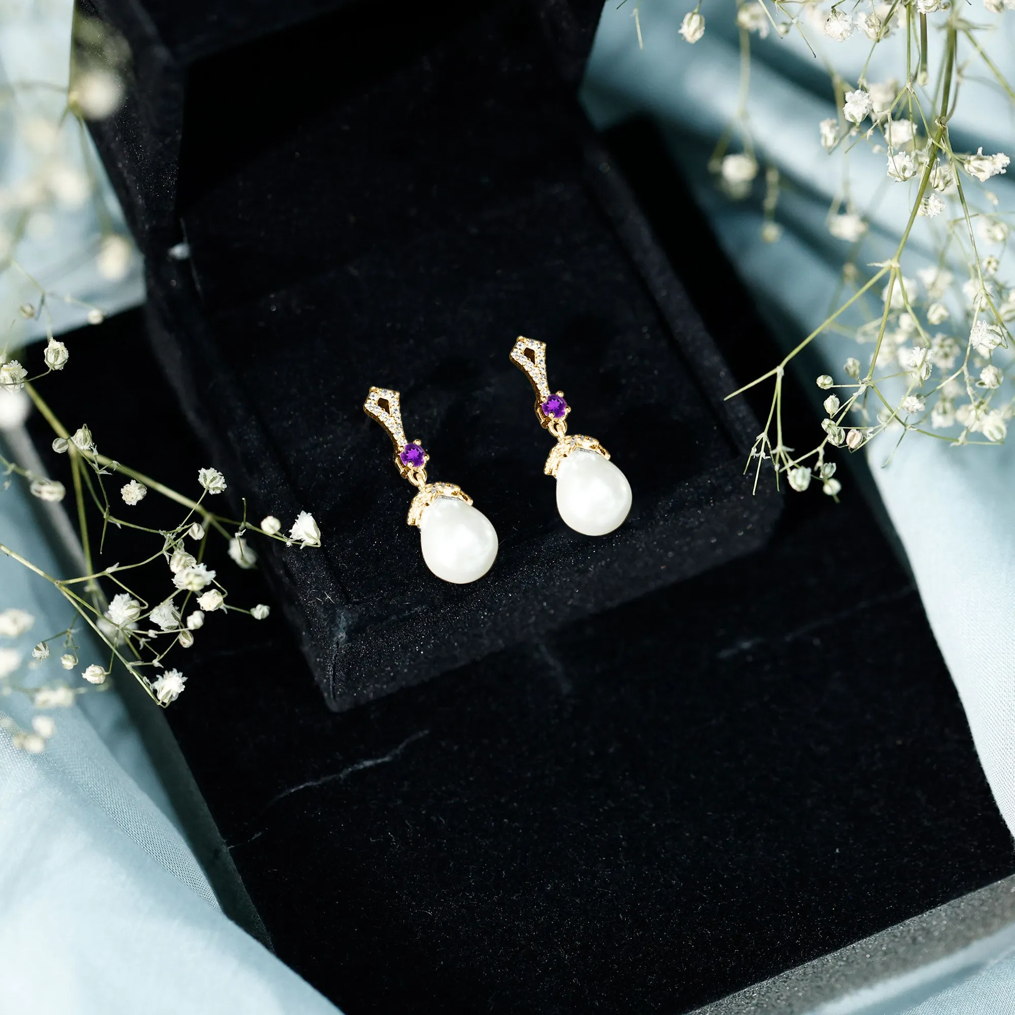 Vintage Style Freshwater Pearl Drop Earrings with Amethyst and Diamond
