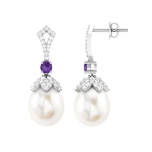 Vintage Style Freshwater Pearl Drop Earrings with Amethyst and Diamond