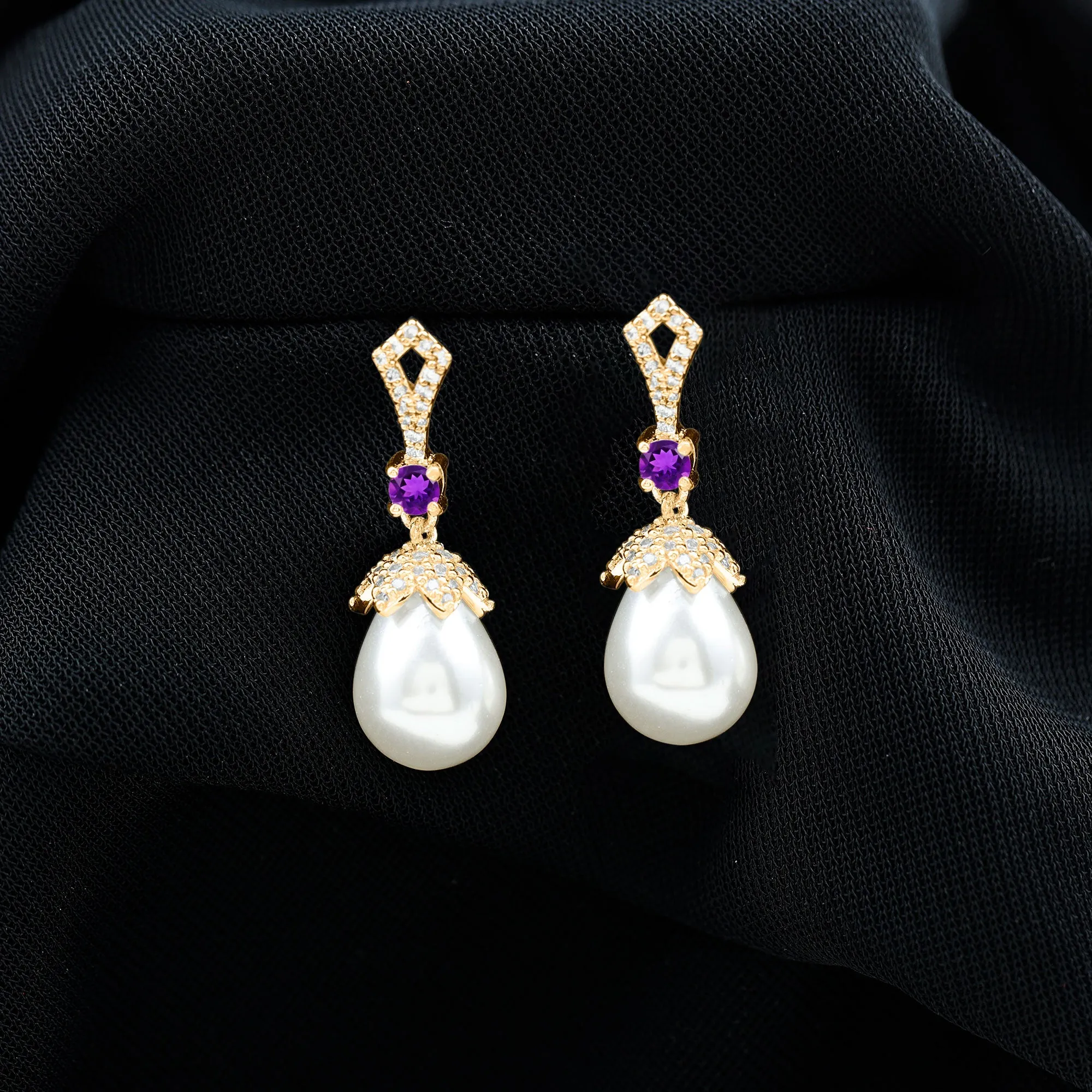 Vintage Style Freshwater Pearl Drop Earrings with Amethyst and Diamond