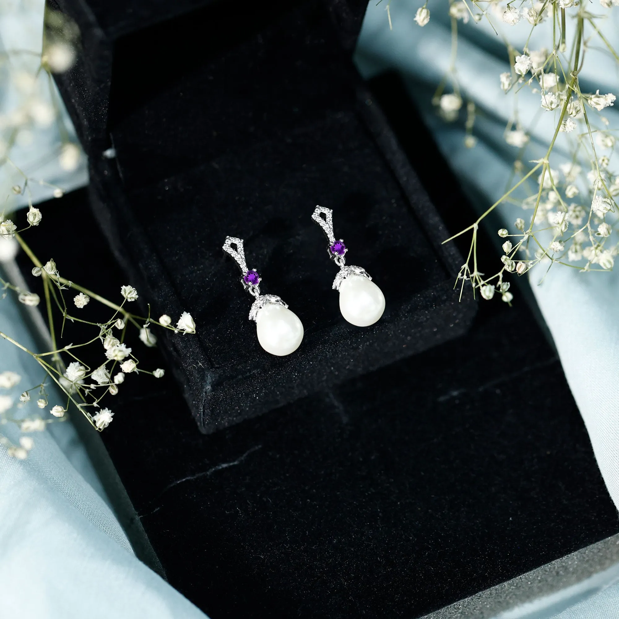 Vintage Style Freshwater Pearl Drop Earrings with Amethyst and Diamond