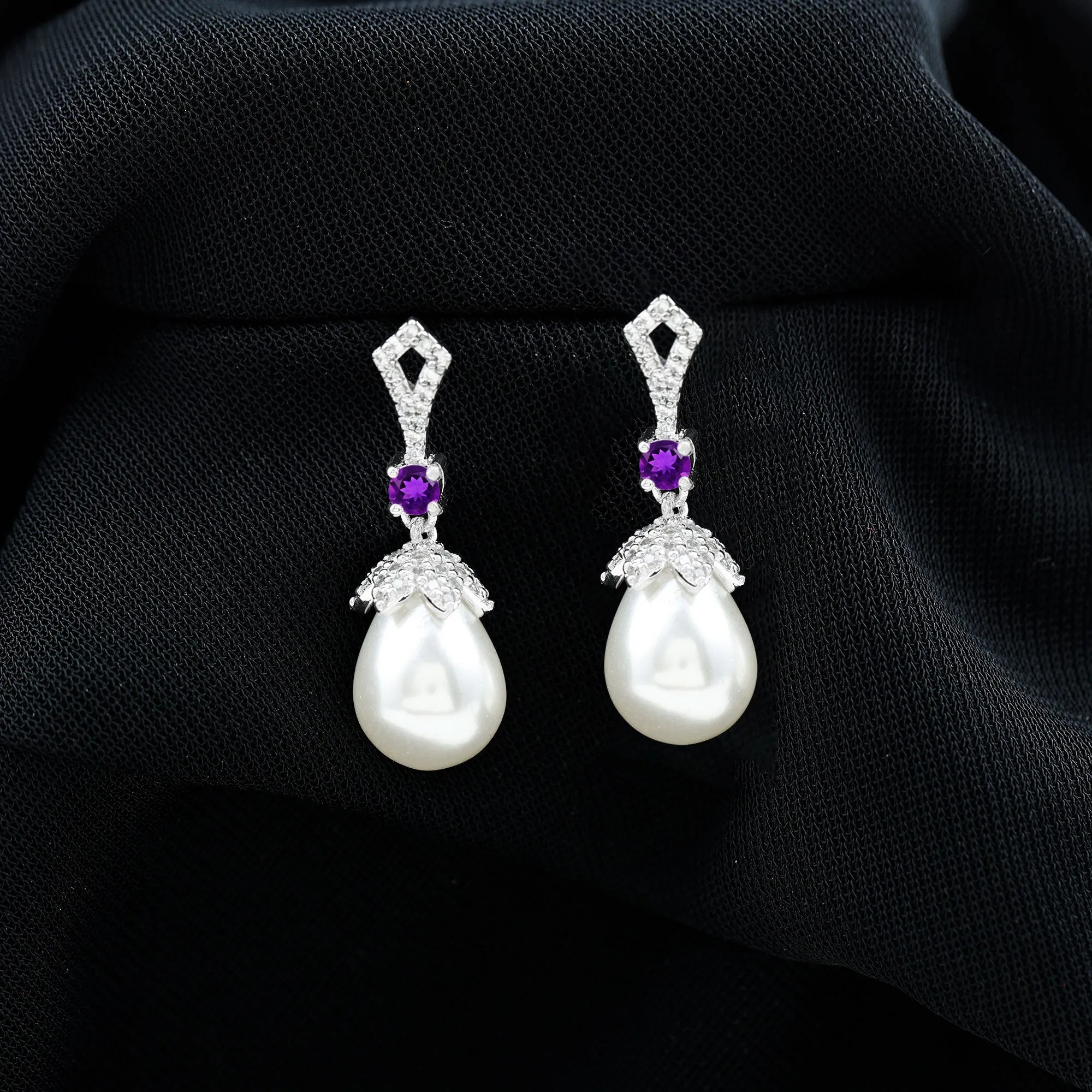 Vintage Style Freshwater Pearl Drop Earrings with Amethyst and Diamond