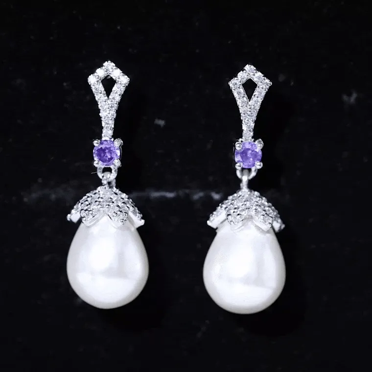Vintage Style Freshwater Pearl Drop Earrings with Amethyst and Diamond