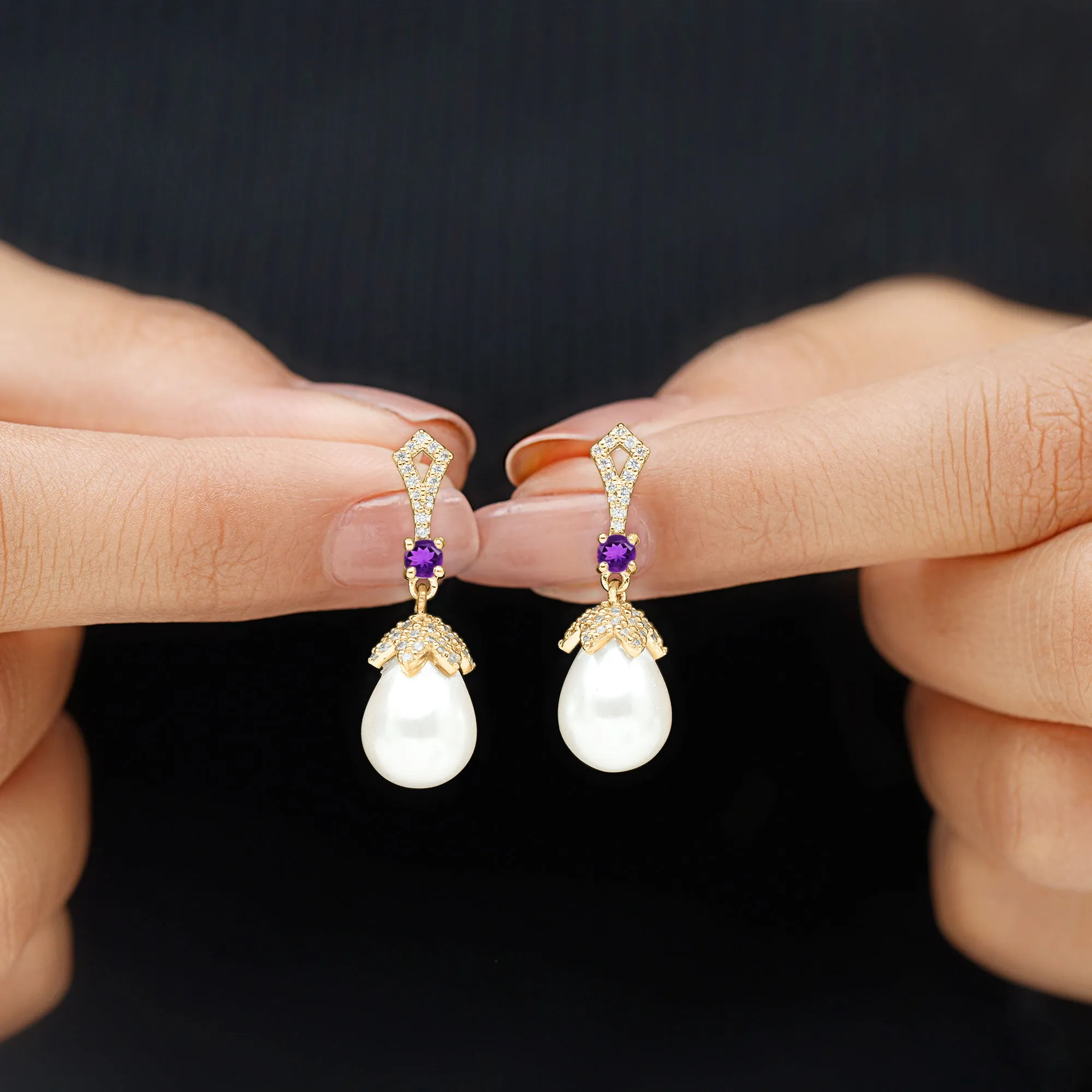Vintage Style Freshwater Pearl Drop Earrings with Amethyst and Diamond
