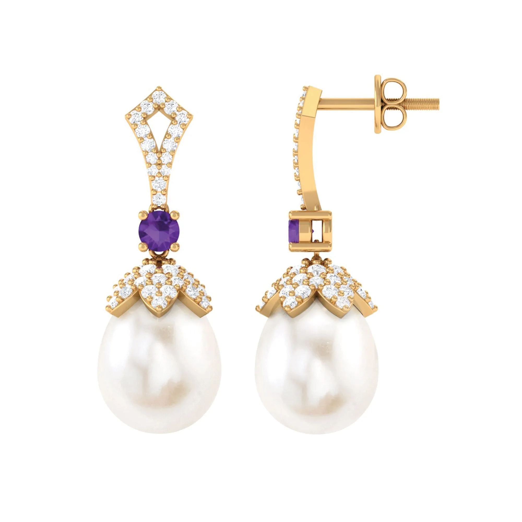 Vintage Style Freshwater Pearl Drop Earrings with Amethyst and Diamond