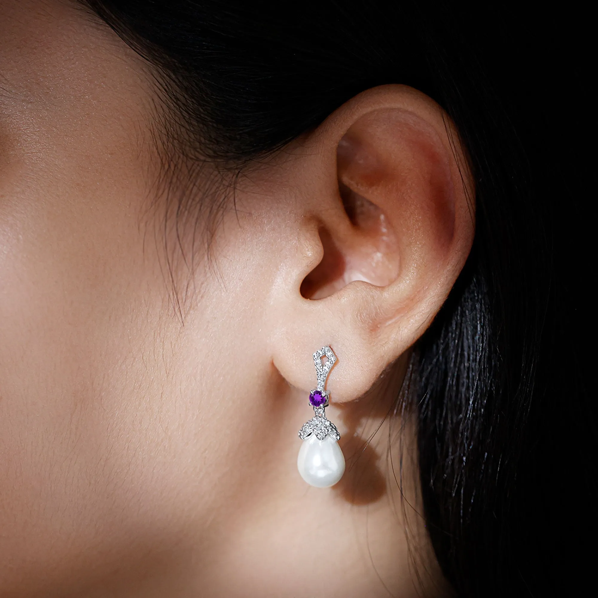Vintage Style Freshwater Pearl Drop Earrings with Amethyst and Diamond